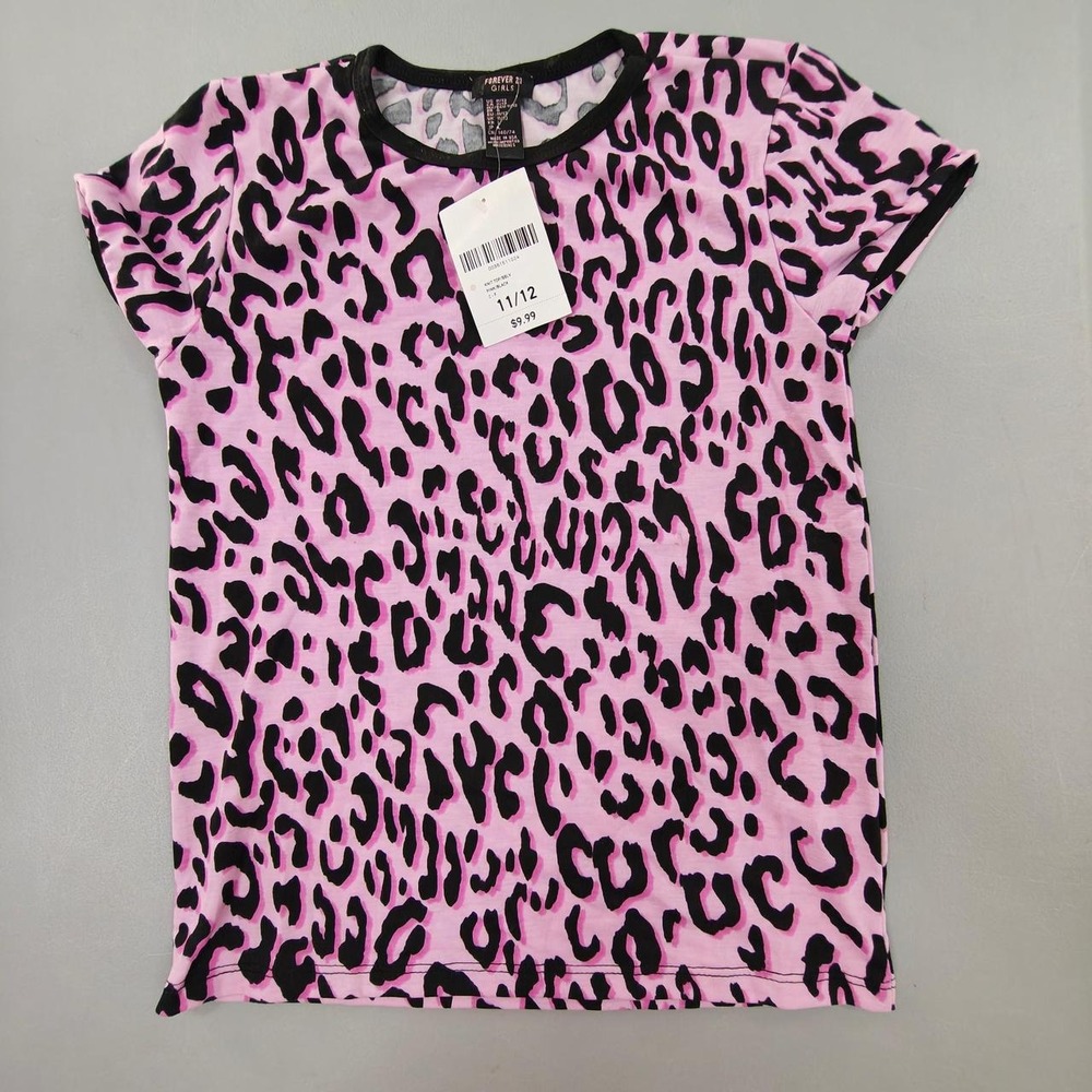 Forever 21 Girls Pink Leopard Print Knit Top Short Sleeve Crew Neck NWT 11/12